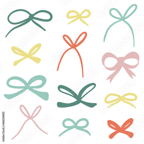 Doodle Bow Set. Color Ribbon collection. Cute graphic elements for Christmas, new year, birthday celebration design. Kids cozy hand drawn cartoon vector illustration isolated on white background