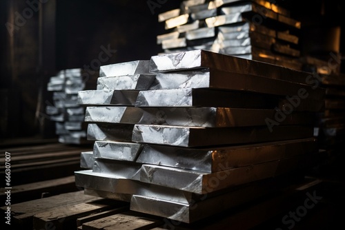 stacked aluminum ingots in storage area. Generative AI