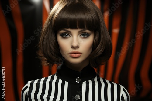Female model in 60s mod fashion, monochrome set