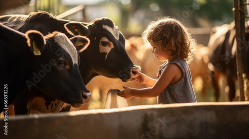 Children feed the cows, children are happy at the dairy cow farm 