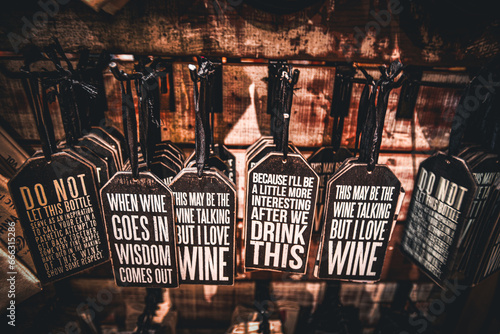 Funny Decorative Cards about Drinking Wine in a Wooden Background