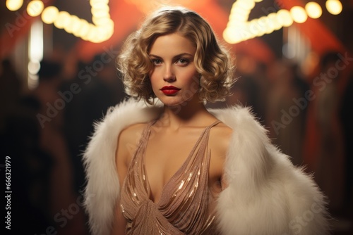 Woman in glamorous Hollywood 1930s attire, luxury film premiere.