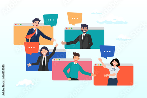 Businessman and businesswoman join meeting from computer, online meeting, conference video to discuss work, team meeting or brainstorm for new idea, collaboration, teamwork or cooperation (Vector)