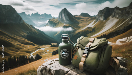 Photo réaliste d'une gourde réutilisable verte avec un logo de montagne dessus, attachée à un sac à dos de randonnée avec un paysage montagneux en arrière-plan.