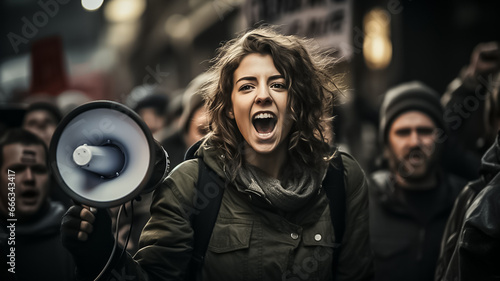 a woman shouting through megaphone on a workers environmental protest in a crowd in a big city. black and white documentary photo. Generative AI