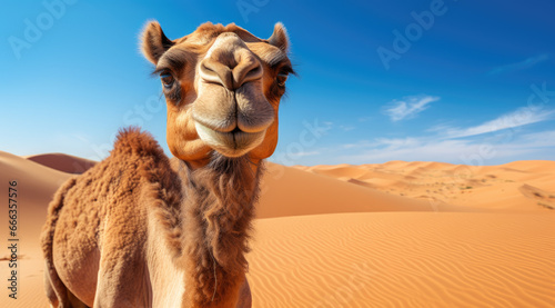 a camel walks against a sunset in the sand desert