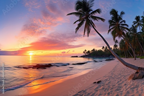 Sunset Beach Images: Tropical Paradise with White Sand and Coco Palms