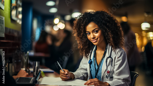 Young african american female doctor in a white coat fills out a patient form while working in a medical clinic, doing paperwork at the workplace