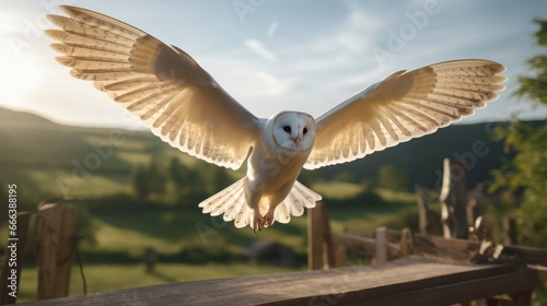 Big barn owl flying in fligh, Barn owl Tyto alba on aesthetic scenery background