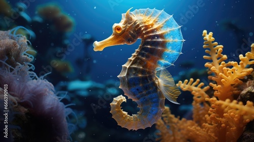 Intricate seahorse profile among colorful corals in deep waters. Marine life and seascapes.