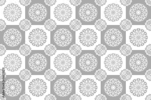 Mandala art seamless vector pattern in silver and grey on white background, traditional floral design for masculine shirt dress fabric textile garment cover decoration wallpaper tile