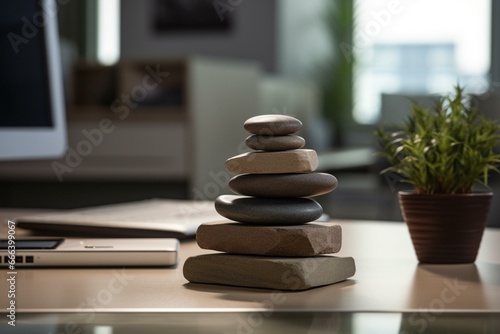 Stacked zen stones on a desk with an office backdrop. Generative AI