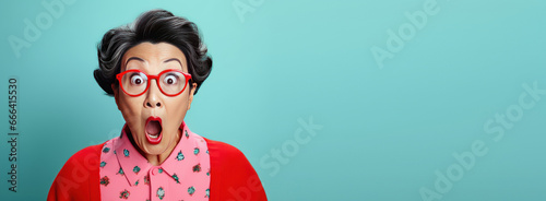 Portrait of surprised middle aged asian woman, bright colors studio backgroud with copyspace, excitement and fascination, shocked and amazed female with unexpected thing happen