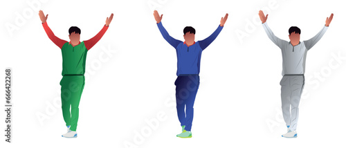 Set of cricket bowler celebrating after taking a wicket.