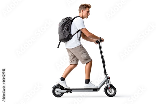 Full length shot of man with backpack and riding electric scooter isolated on white background .
