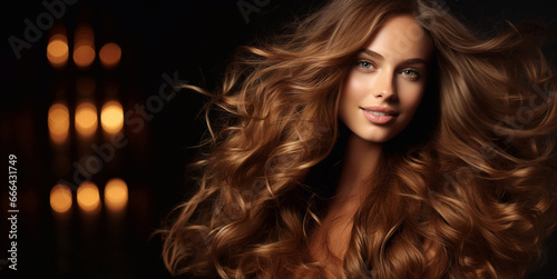 Beautiful woman with shiny silky wavy long brown hair on dark backround.Macro.AI Generative