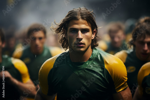 Athlete or football player. Portrait with selective focus and copy space