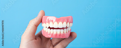 Woman Hand Holding tooth or detal model on blue background.