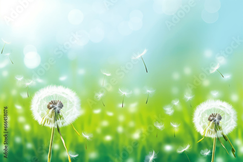 Dandelion fluff. Spring winds whisk it away. We pray for a successful journey and reaching the destination after overcoming difficulties. A concept for spring and adventure.