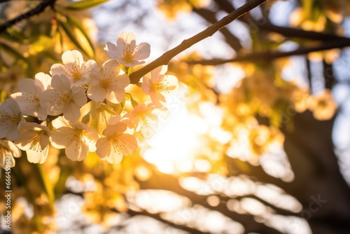 sunrays peeping through a blossom on a tree