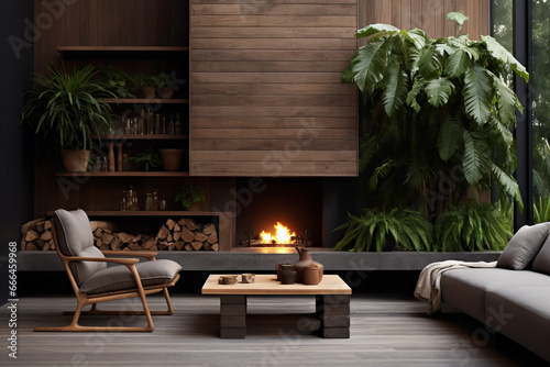 Contrasting light wooden tones from Nordic designs merge seamlessly with dark-stained Japanese woods, contemporary fireplace