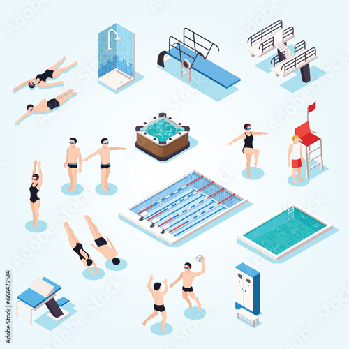 swimming pool isometric set with equipment isolated vector illustration
