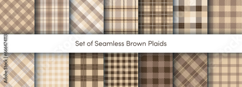 Autumn Plaid seamless pattens collection. Vector Checkered, Buffalo, Tartan brown and beige plaids textured backgrounds set. Traditional Fall fabric print. Seasonal plaid texture fashion print
