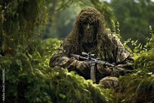 Soldier in the forest with a machine gun. War concept, Ghillie suit sniper camouflage sitting on a jungle, AI Generated
