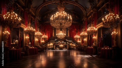 Step into a world of haunted elegance with this awe-inspiring image. A grand ballroom adorned with Gothic décor hosts a masquerade ball.