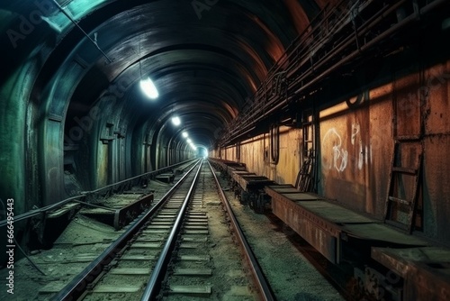 Underground tunnel with pipelines and rail track for trolleys. Generative AI