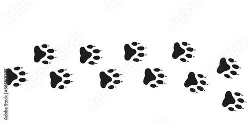 Wolf paws. Animal foot traces. Wolf black footprints on white background. Flat vector illustration. Design for print, decoration, childrens educational book