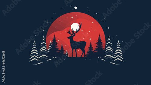 Cerf majestueux, roi de la forêt en hiver, sur lune rouge et fond nuit