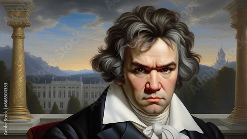 ルートヴィヒ・ヴァン・ベートーヴェンの油絵。 悩みながら作曲している姿｜Oil painting of Ludwig van Beethoven. The figure of composing music while worrying. Generative AI
