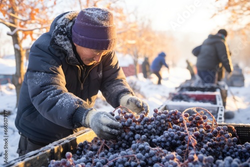 Braving extreme chill dedicated workers harvest grapes for ice wine 