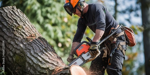 a worker is chopping wood