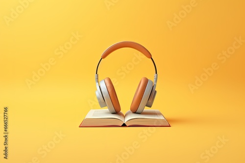 Concept of audiobooks using headphones and a book in an audio library