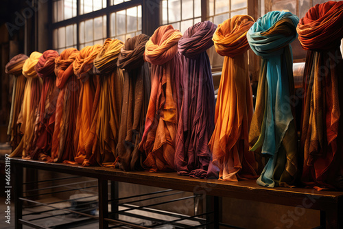 Bright colored female scarfs and shawl in the store