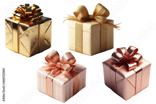 Pacchi regalo incartati con wrapping dorato e rosa, isolati e trasparenti