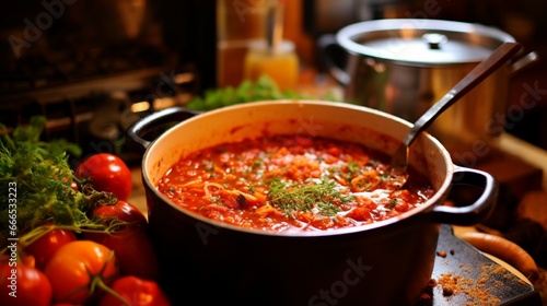 a bubbling pot of homemade tomato sauce, simmering on a stove, with herbs and spices in the foreground