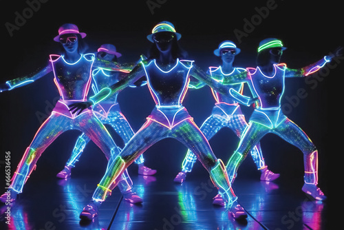 dancers in illuminated neon costumes. Generative Ai