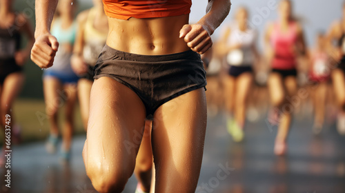 Photo of a female woman runner pushing through the final stretch towards the finish line, sweat dripping
