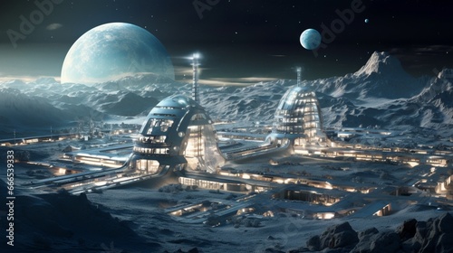 A lunar colony illuminated by the soft glow of sustainable energy sources