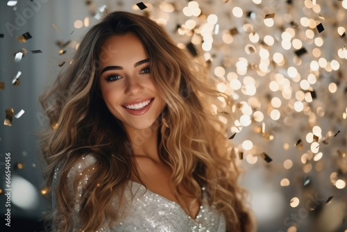 Beautiful happy caucasian woman wearing sparkly silver dress at celebration party, confetti blurred background. New Year eve celebration concept