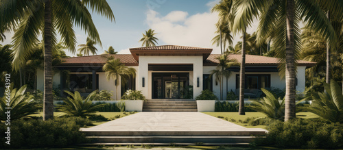 Facade of a beautiful house with a front garden of palm trees, short grass and tropical plants