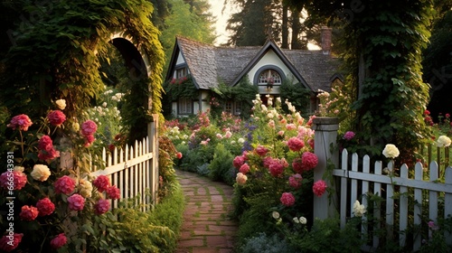 A secluded cottage garden, with roses and wildflowers spilling over quaint picket fences and climbing up rustic trellises