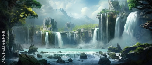 Majestic powerful waterfall wallpaper a landscape mountains trees and a river under a blue sky