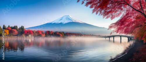 Mount Fuji in Japan Kawaguchiko lake autumn red leaves on trees mountain covered in snow calm lake reflects mountain and trees
