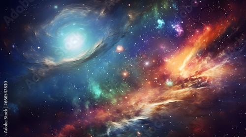 Stars of a planet and galaxy in a free space. Planets and galaxy, science fiction wallpaper. Beauty of deep space. Billions of galaxies in the universe Cosmic art background
