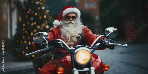 Santa Claus riding a motorcycle on Christmas Eve