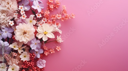  a bunch of flowers that are on a pink surface with a pink background. generative ai